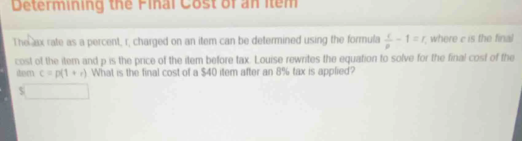 determining the final cost of an item the tax rate as a percent, r, cha…