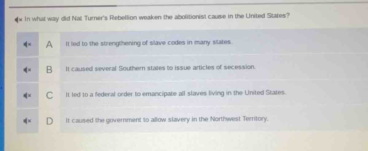in what way did nat turners rebellion weaken the abolitionist cause in …