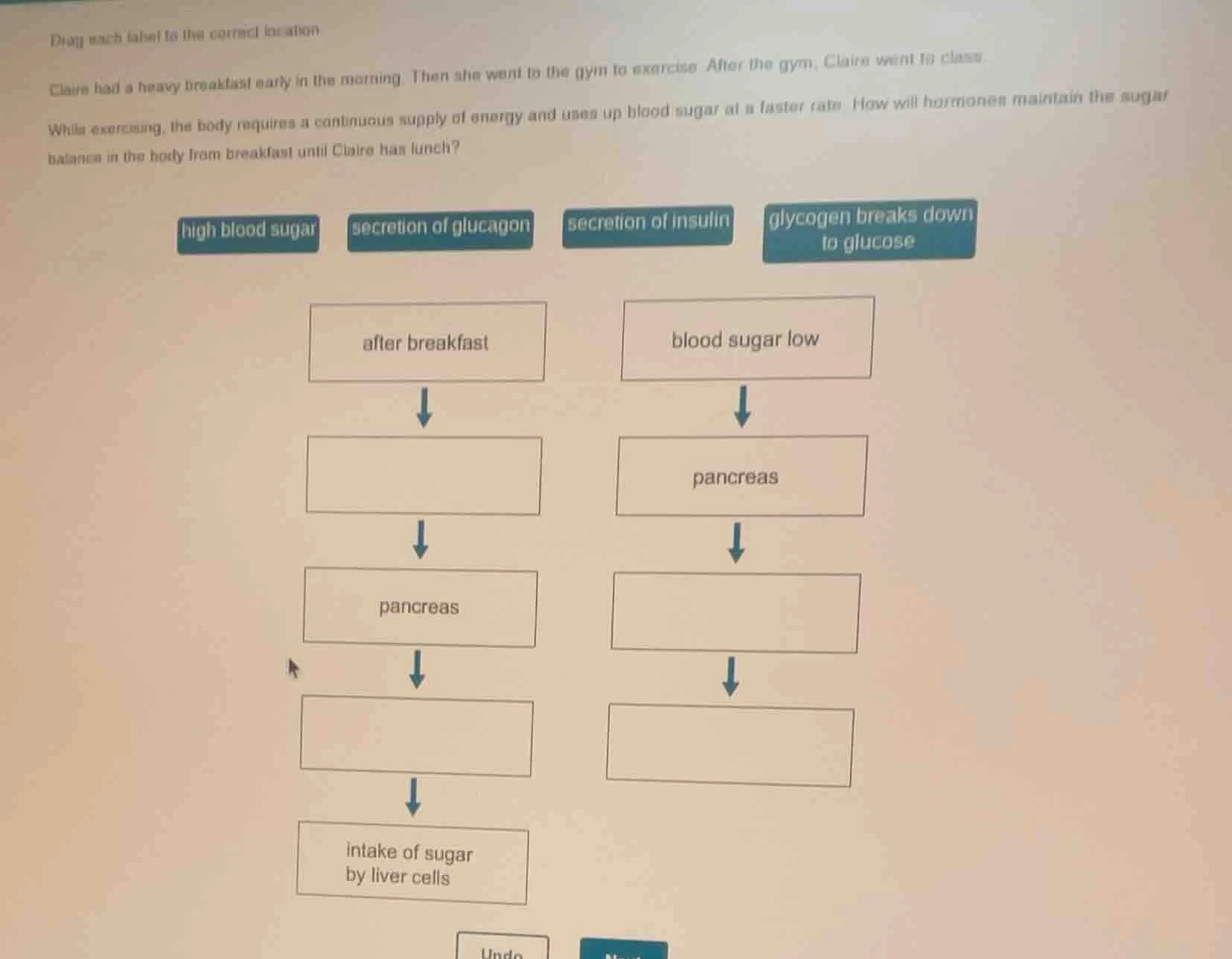 drag each label to the correct location.claire had a heavy breakfast ea…
