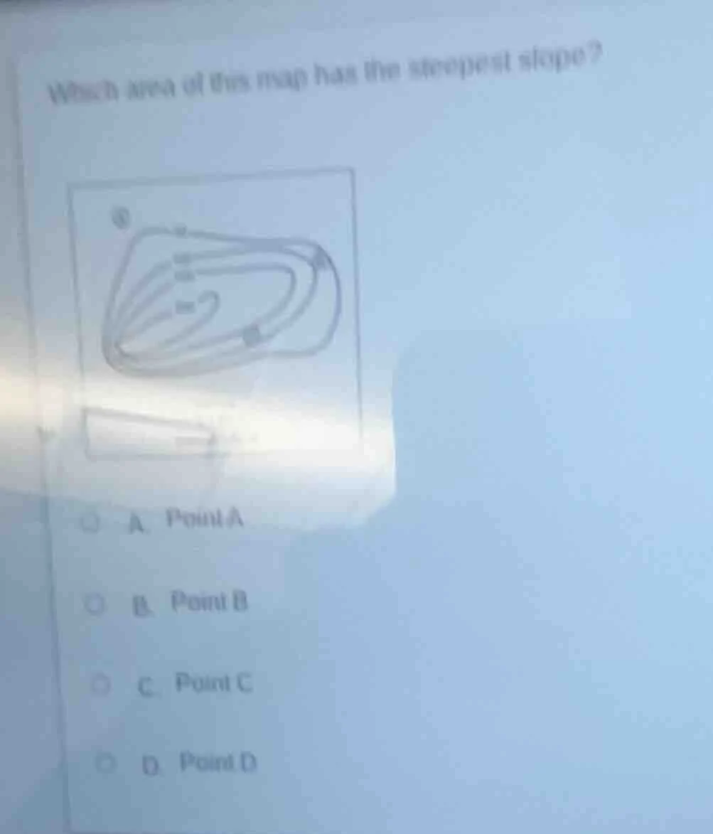 which area of this map has the steepest slope? a. point a b. point b c.…