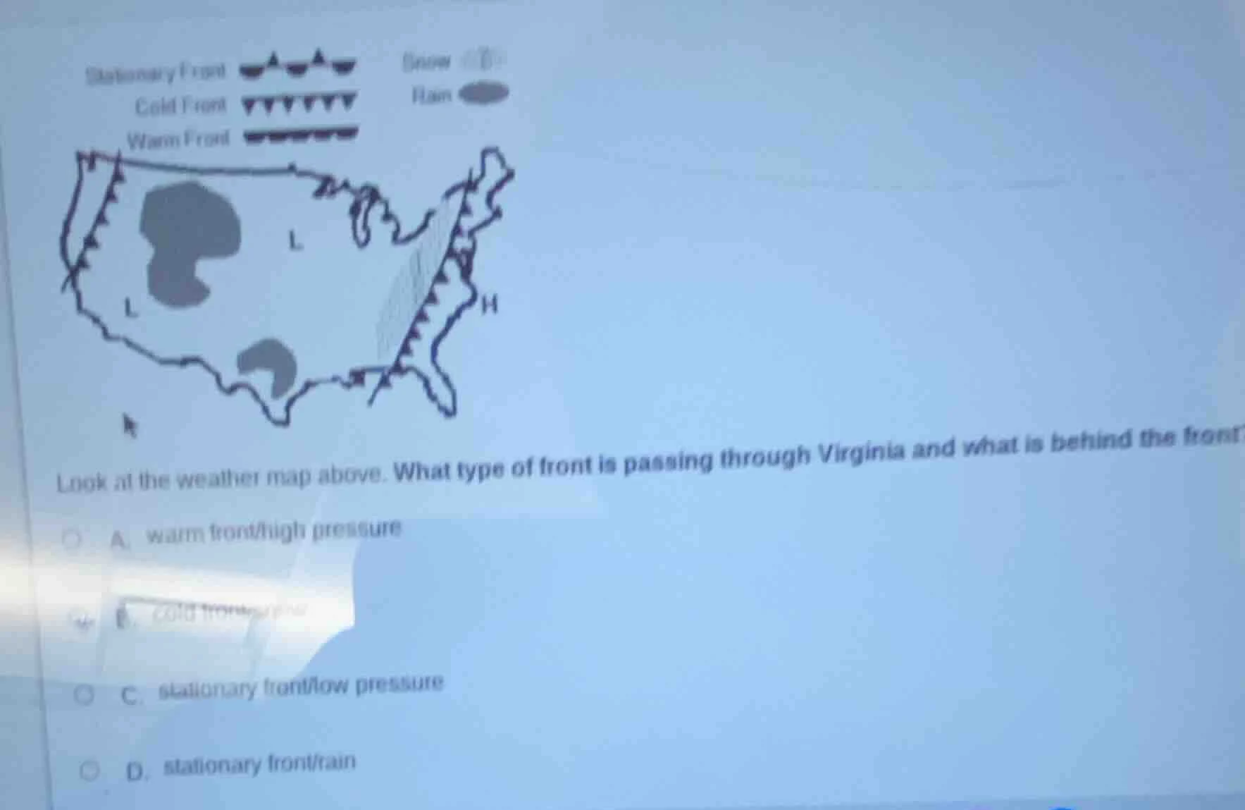 stationary frontcold frontwarm frontsnowrainlook at the weather map abo…