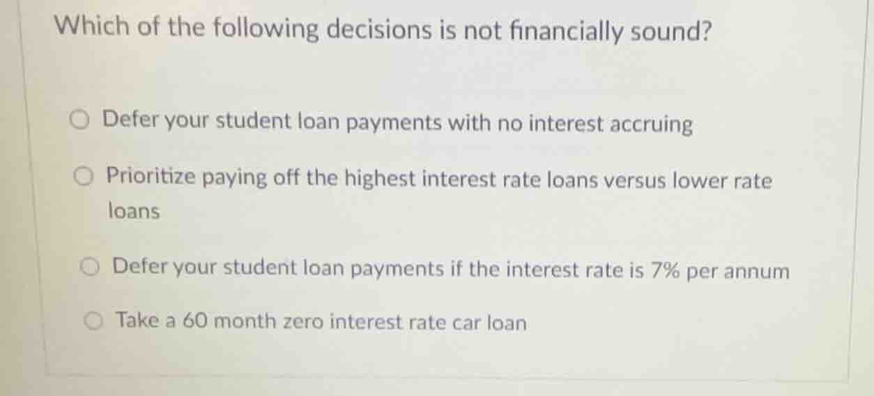 which of the following decisions is not financially sound?defer your st…