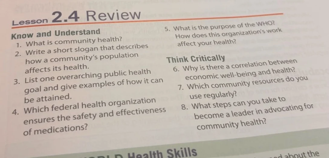 lesson 2.4 review know and understand 1. what is community health? 2. w…