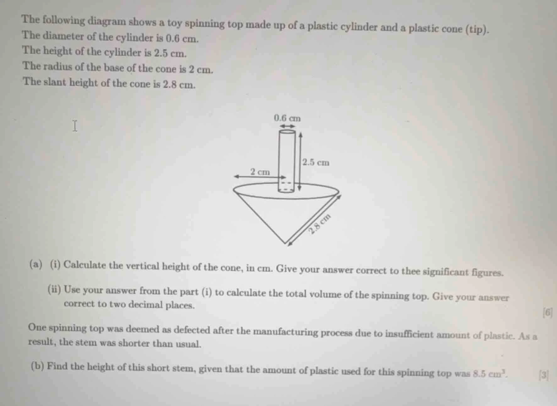 the following diagram shows a toy spinning top made up of a plastic cyl…