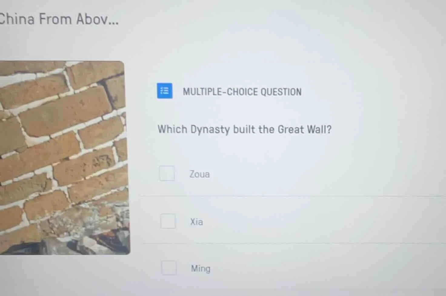 multiple-choice question which dynasty built the great wall? zoua xia m…