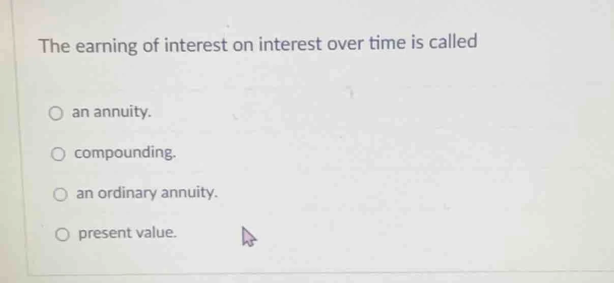 the earning of interest on interest over time is called ○ an annuity. ○…