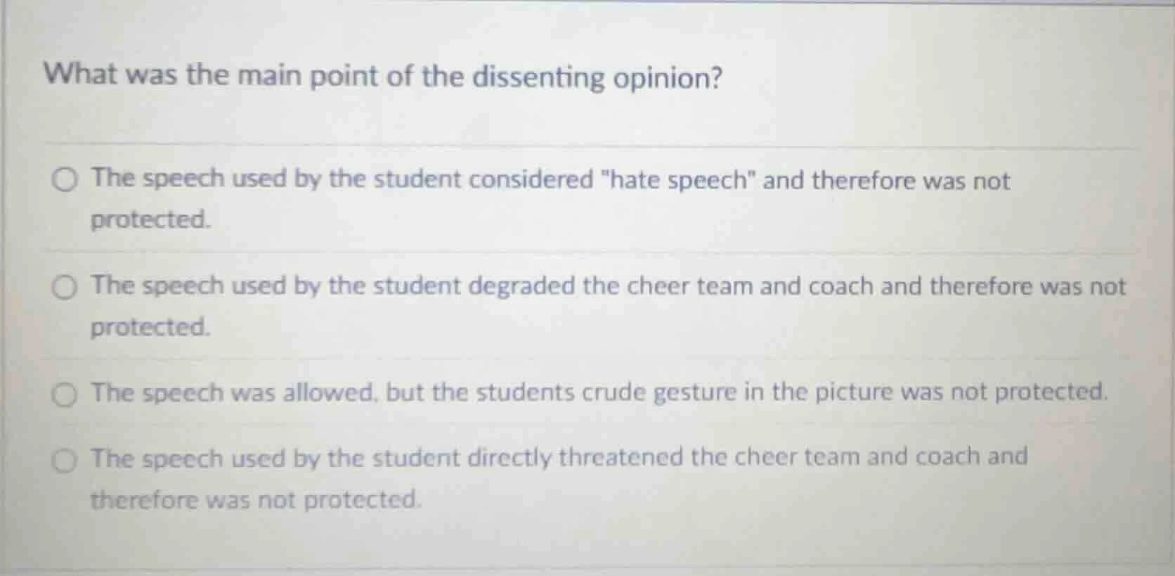 what was the main point of the dissenting opinion? ○ the speech used by…