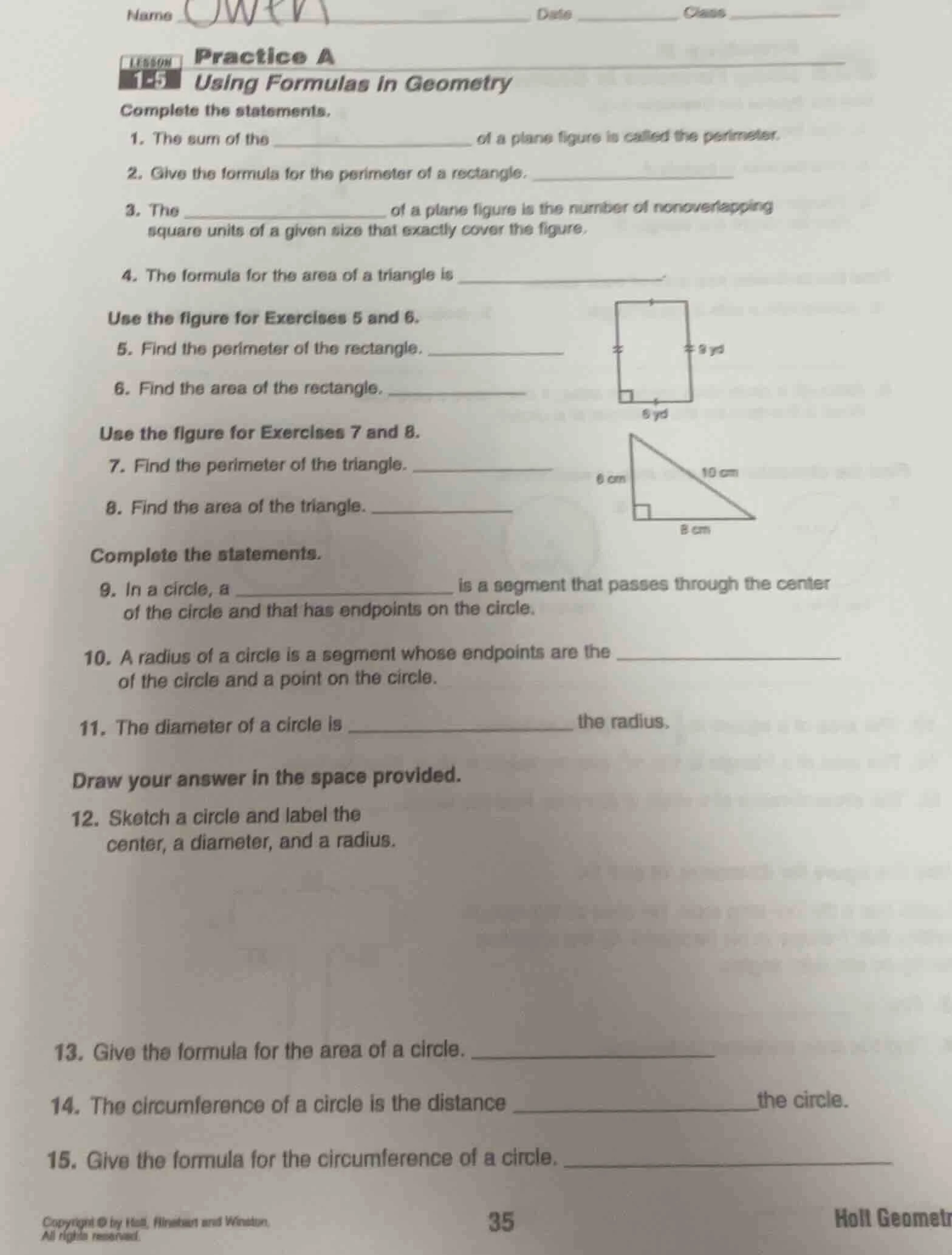 name ______ date ______ class ______lesson 1-5 practice ausing formulas…