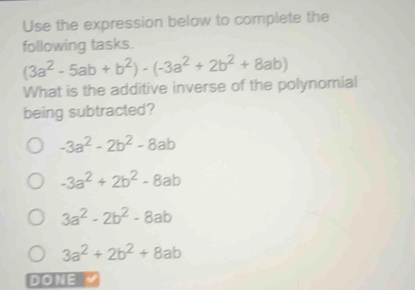 use the expression below to complete the following tasks.$(3a^{2} - 5ab…