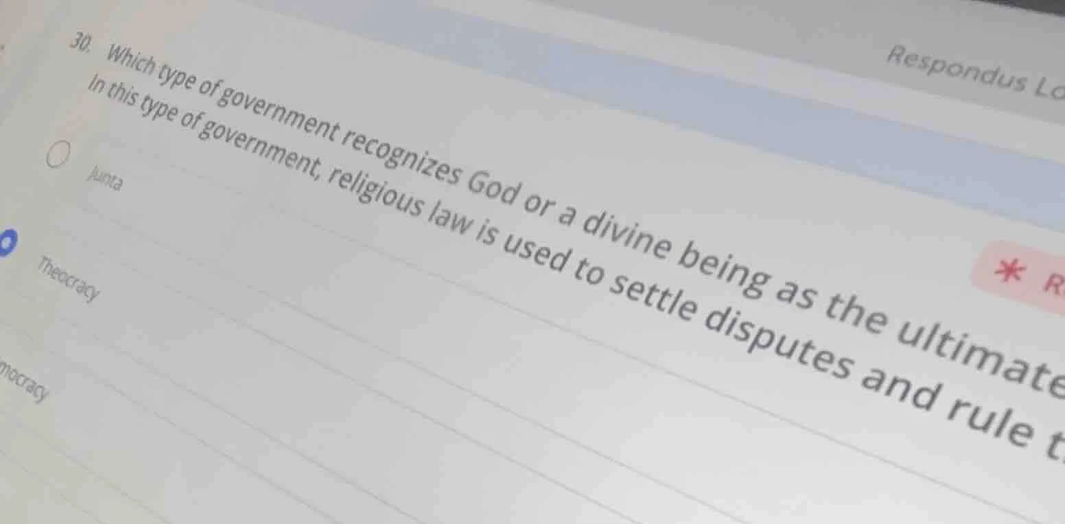 30. which type of government recognizes god or a divine being as the ul…