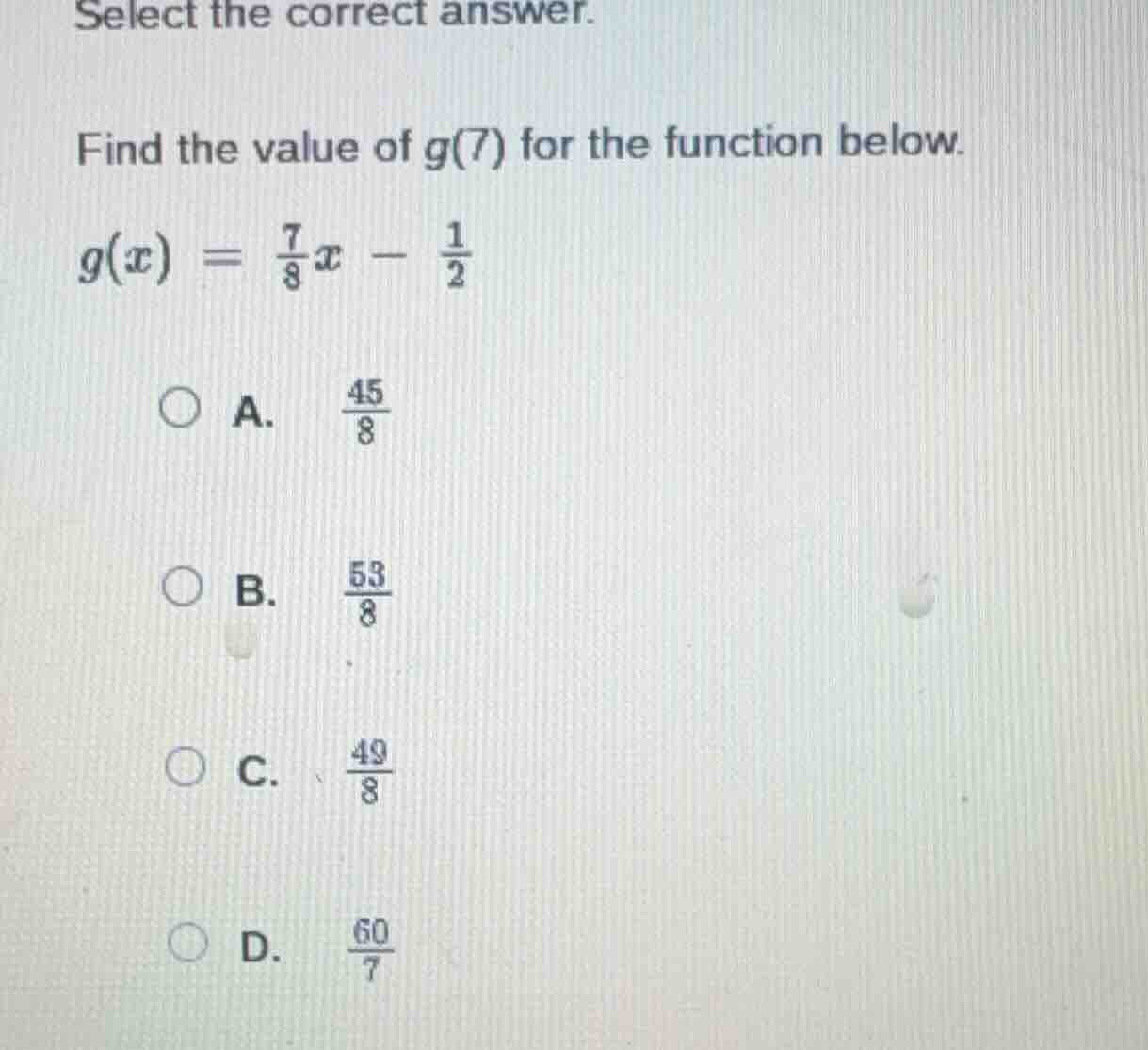 select the correct answer. find the value of $g(7)$ for the function be…