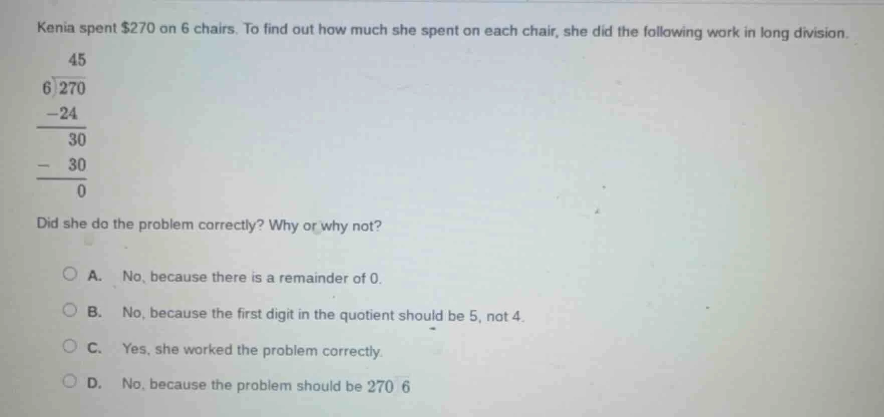 kenia spent $270 on 6 chairs. to find out how much she spent on each ch…