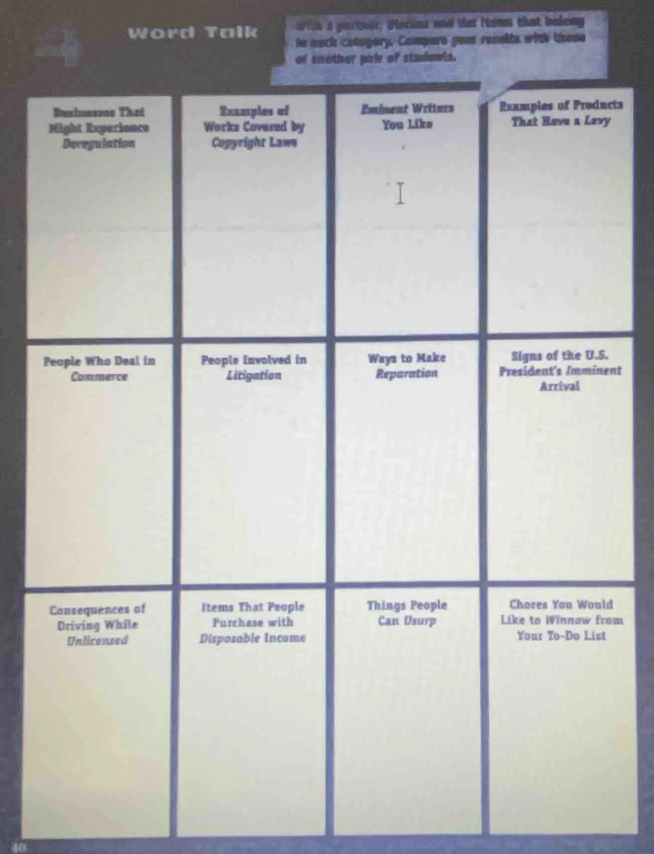 word talk with a partner, brainstorm and list items that belong in each…