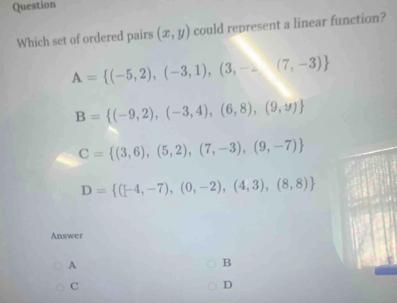 question which set of ordered pairs $(x, y)$ could represent a linear f…