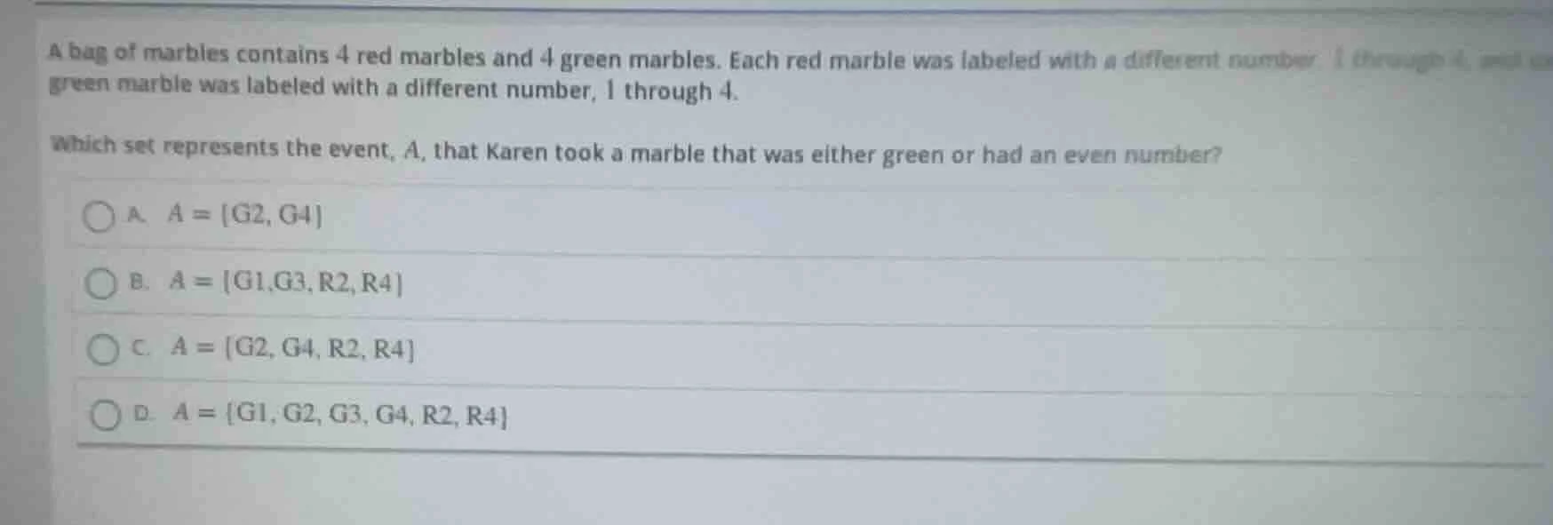 a bag of marbles contains 4 red marbles and 4 green marbles. each red m…