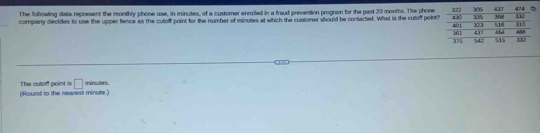the following data represent the monthly phone use, in minutes, of a cu…