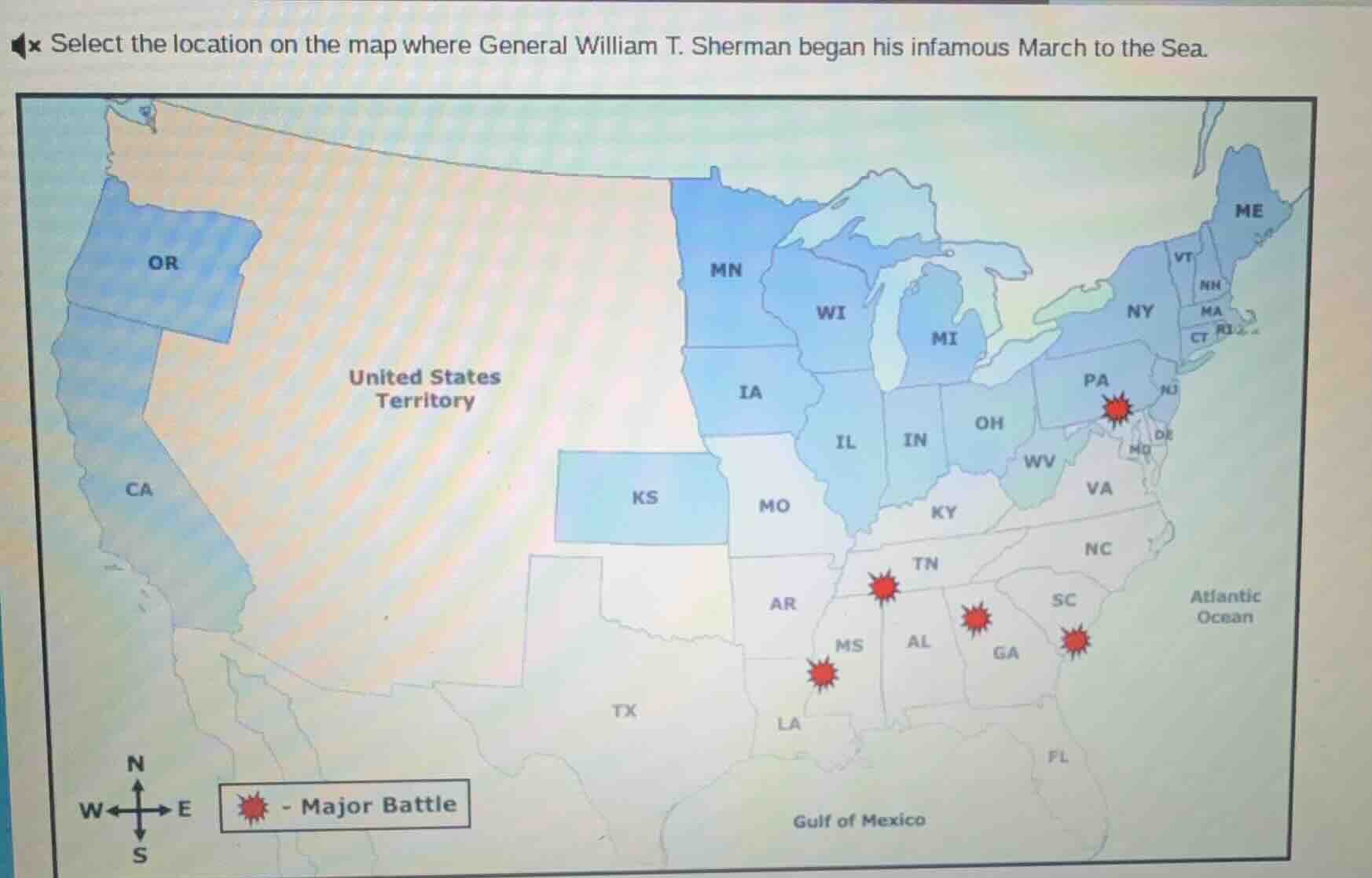 select the location on the map where general william t. sherman began h…