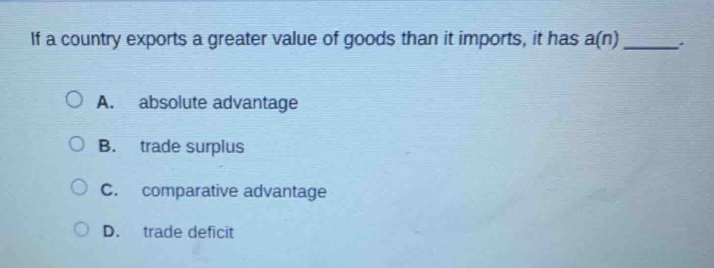 if a country exports a greater value of goods than it imports, it has a…