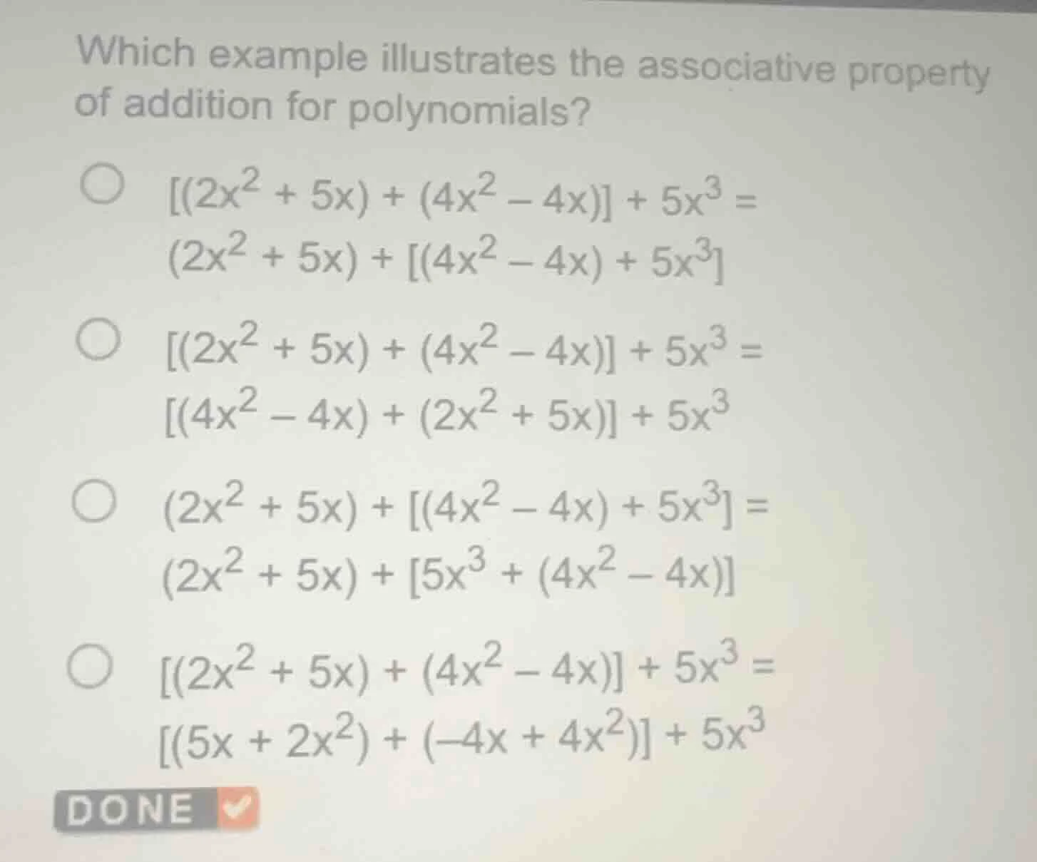 which example illustrates the associative property of addition for poly…