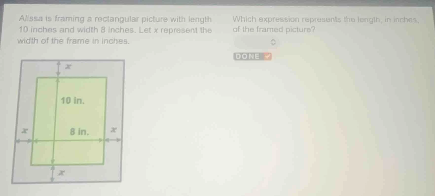 alissa is framing a rectangular picture with length 10 inches and width…