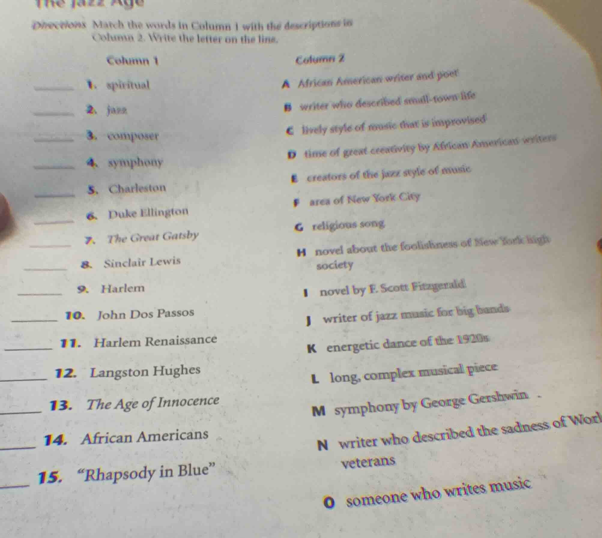 the jazz age directions: match the words in column 1 with the descripti…