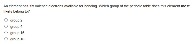 an element has six valence electrons available for bonding. which group…