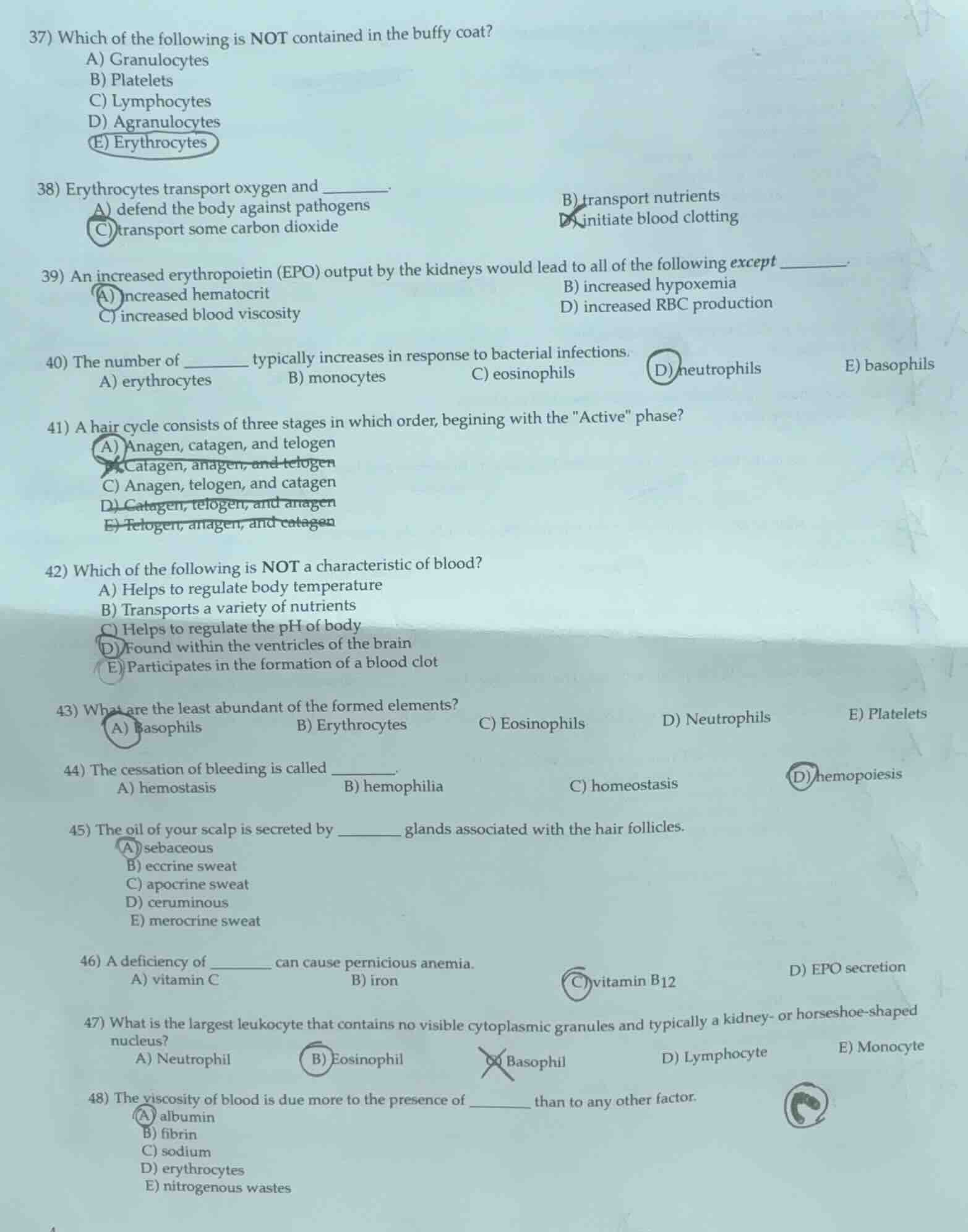 37) which of the following is not contained in the buffy coat? a) granu…