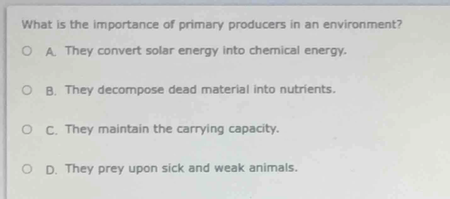 what is the importance of primary producers in an environment? a. they …