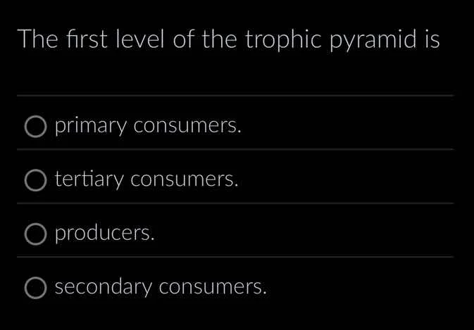 the first level of the trophic pyramid is primary consumers. tertiary c…