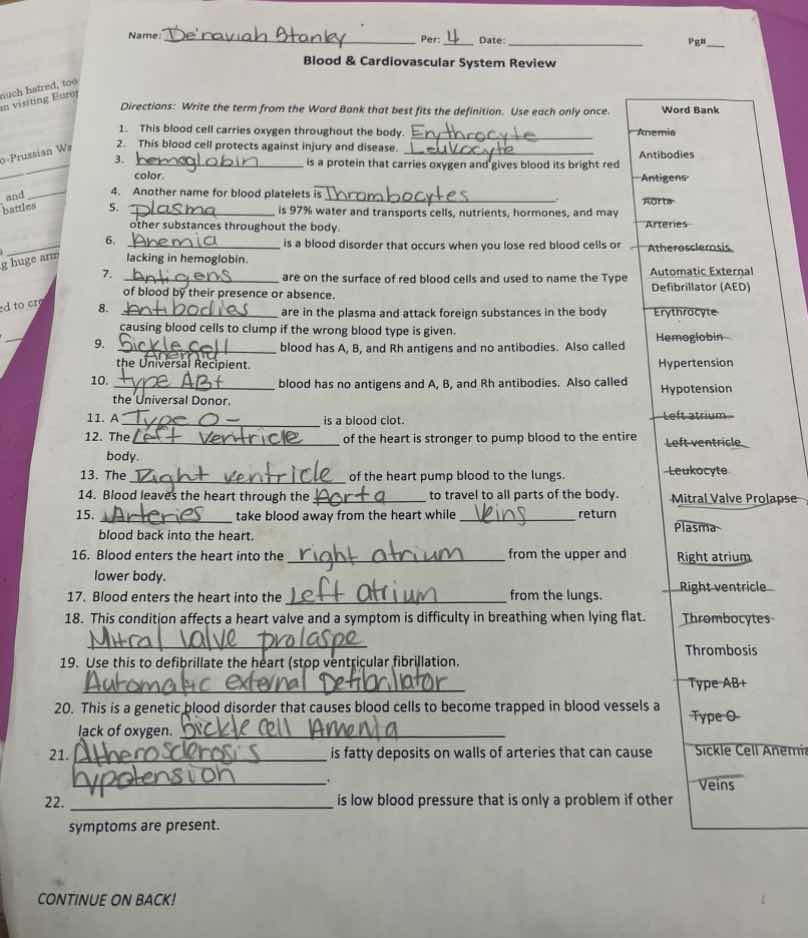 name: denaviah stanky per: 14 date: pg# blood & cardiovascular system r…