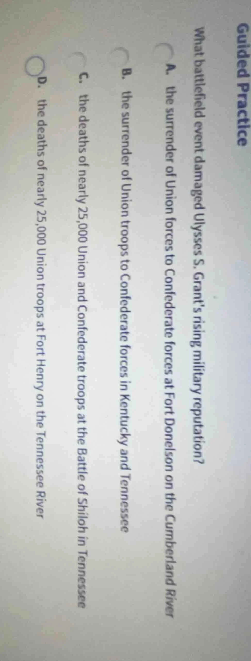 guided practice what battlefield event damaged ulysses s. grants rising…