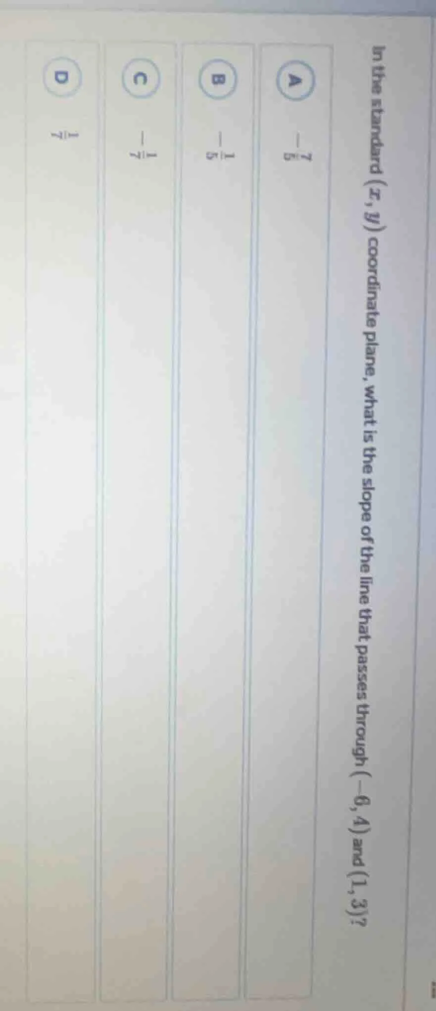 in the standard $(x, y)$ coordinate plane, what is the slope of the lin…