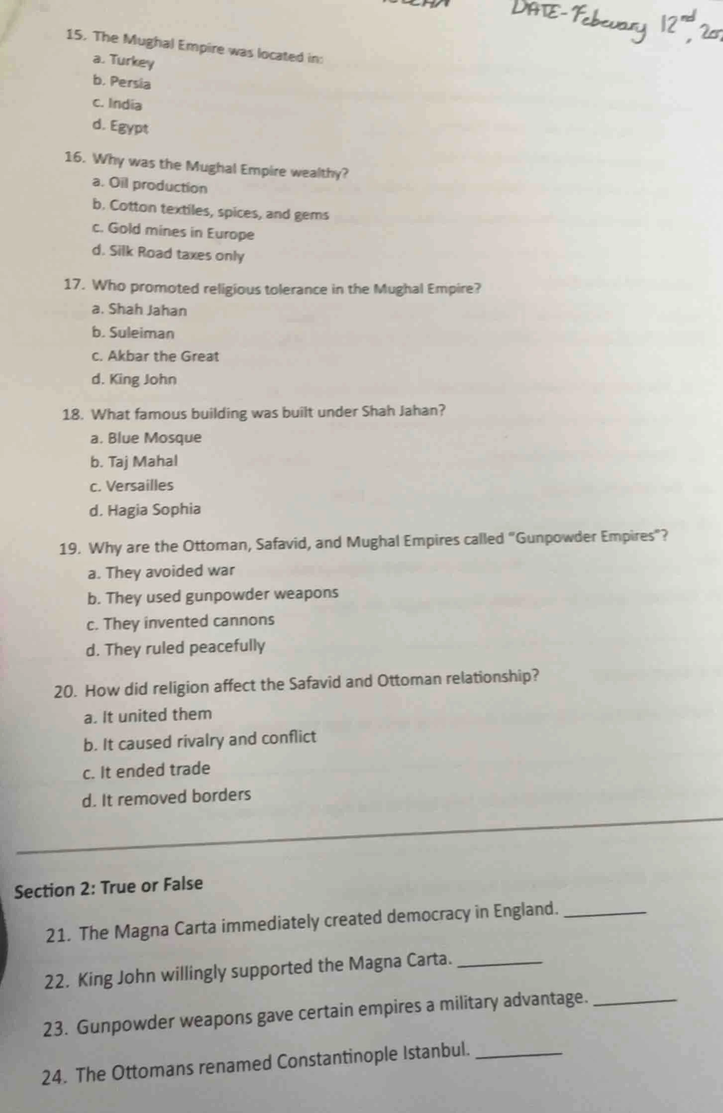 date-february 12nd, 2015. the mughal empire was located in:a. turkeyb. …
