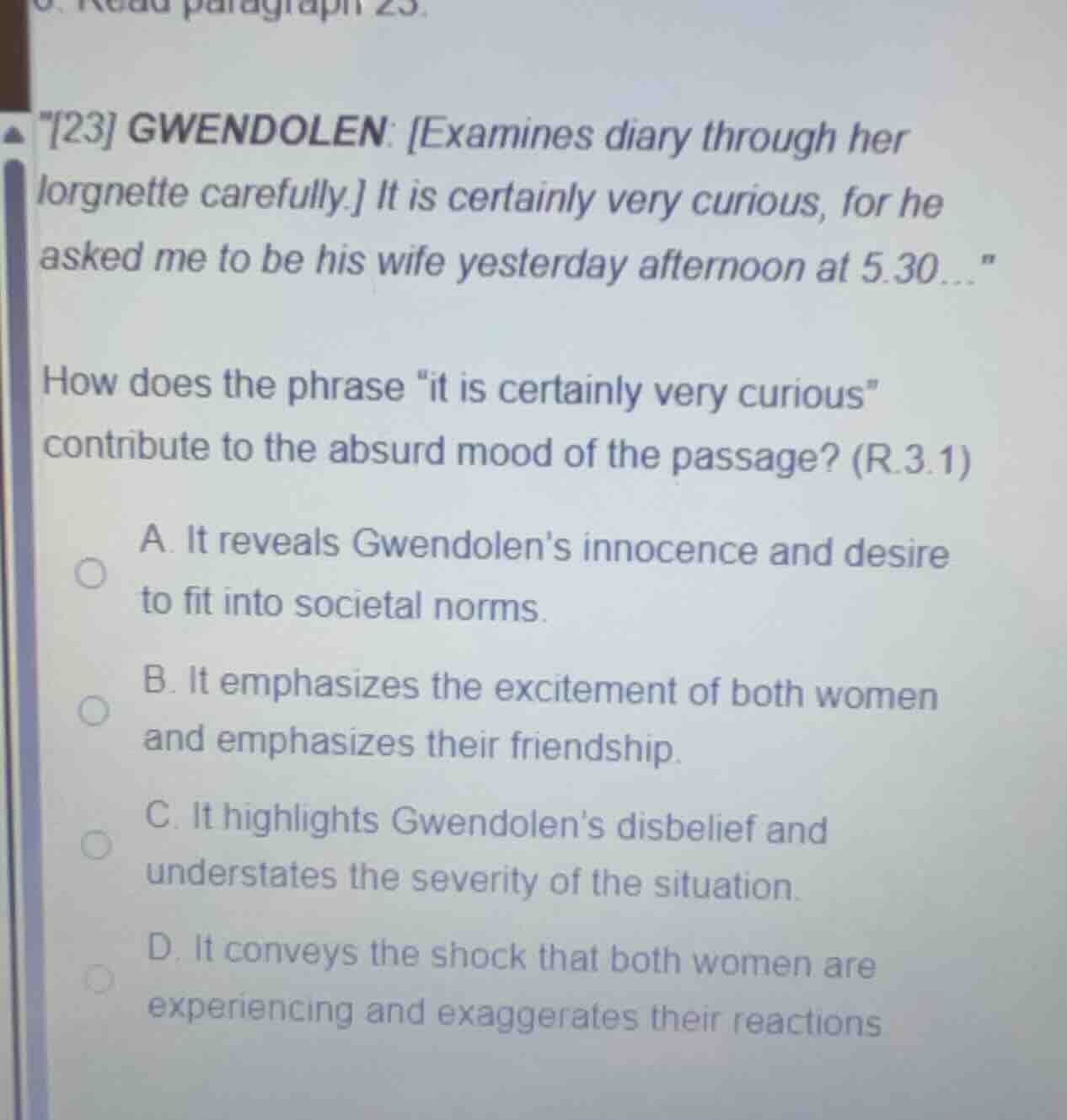 read paragraph 23. \23 gwendolen: examines diary through her lorgnette …