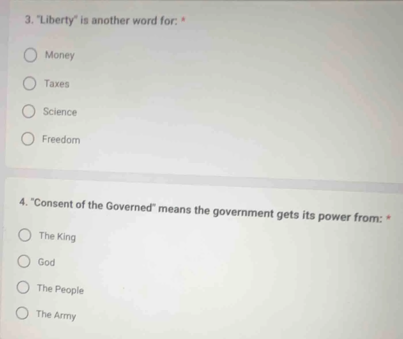 3. \liberty\ is another word for: * money taxes science freedom 4. \con…
