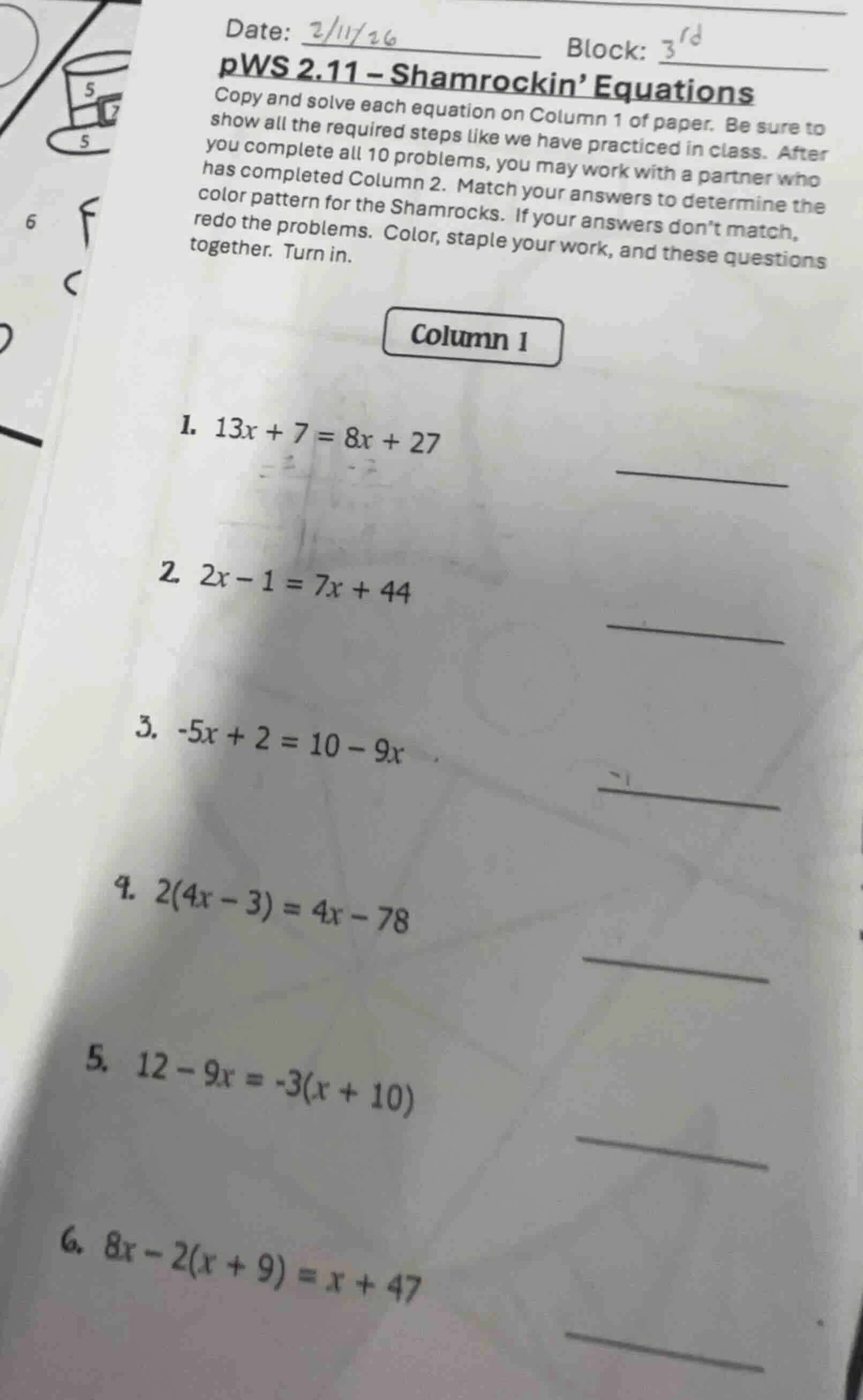 date: 2/11/26 block: 3rd pws 2.11 - shamrockin equations copy and solve…