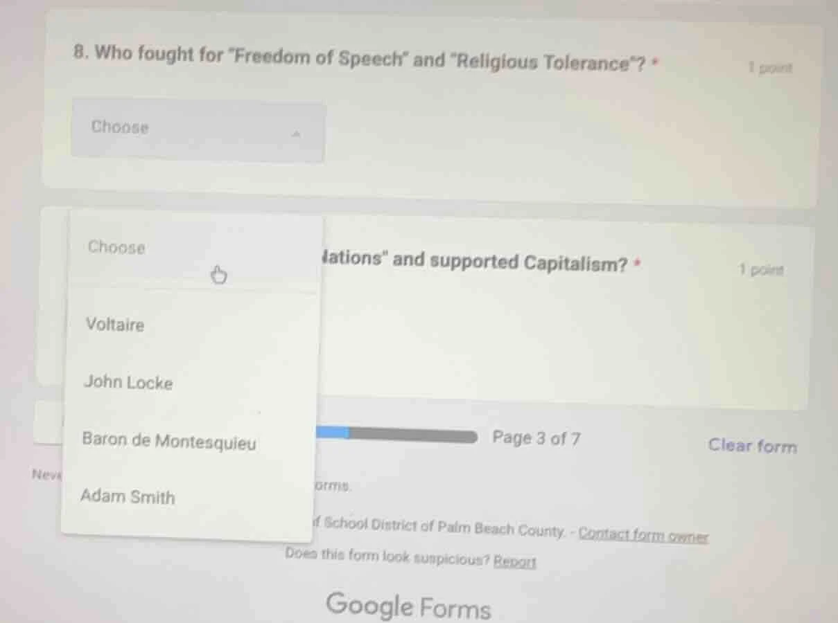 8. who fought for \freedom of speech\ and eligious tolerance\? * 1 poin…