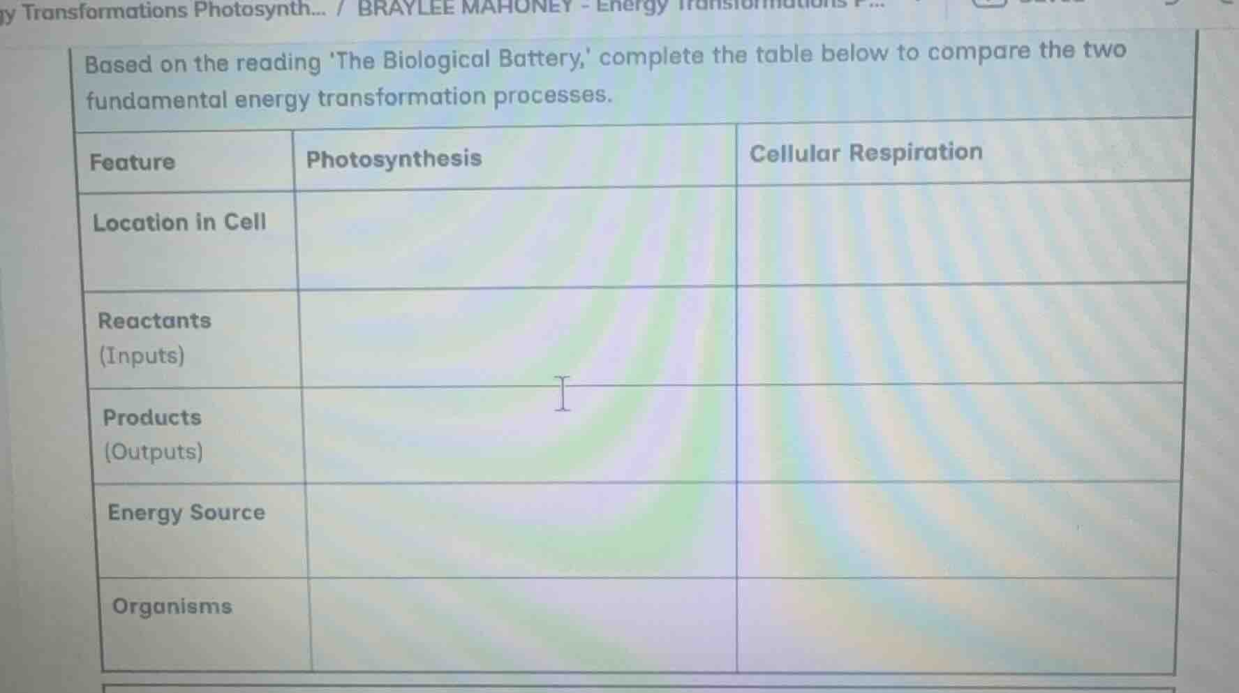 based on the reading the biological battery, complete the table below t…
