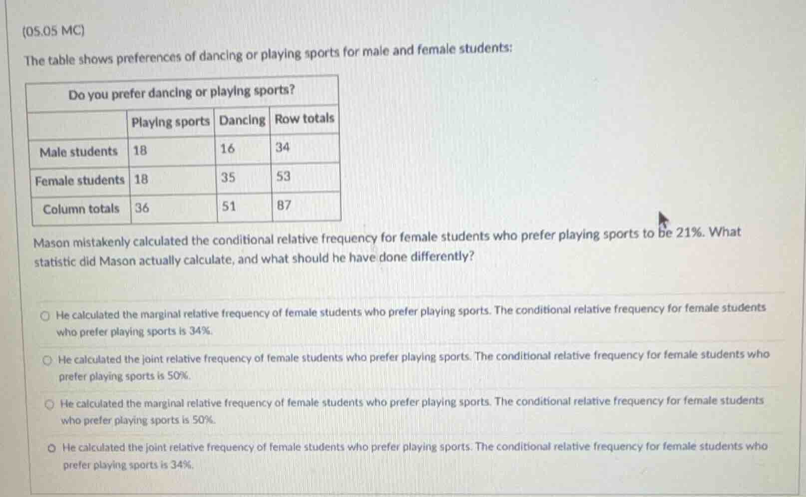 (05.05 mc) the table shows preferences of dancing or playing sports for…