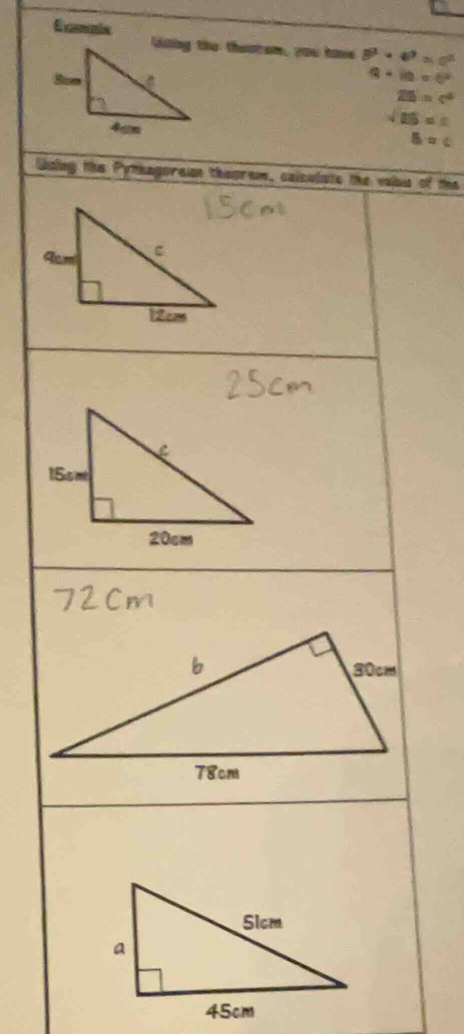 example using the theorem, you know $3^2 + 4^2 = c^2$ $9 + 16 = c^2$ $2…