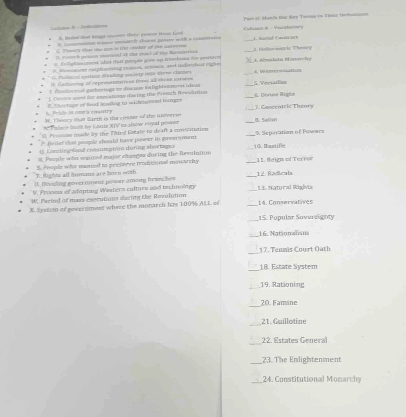 column b - definitions- a. belief that kings receive their power from g…