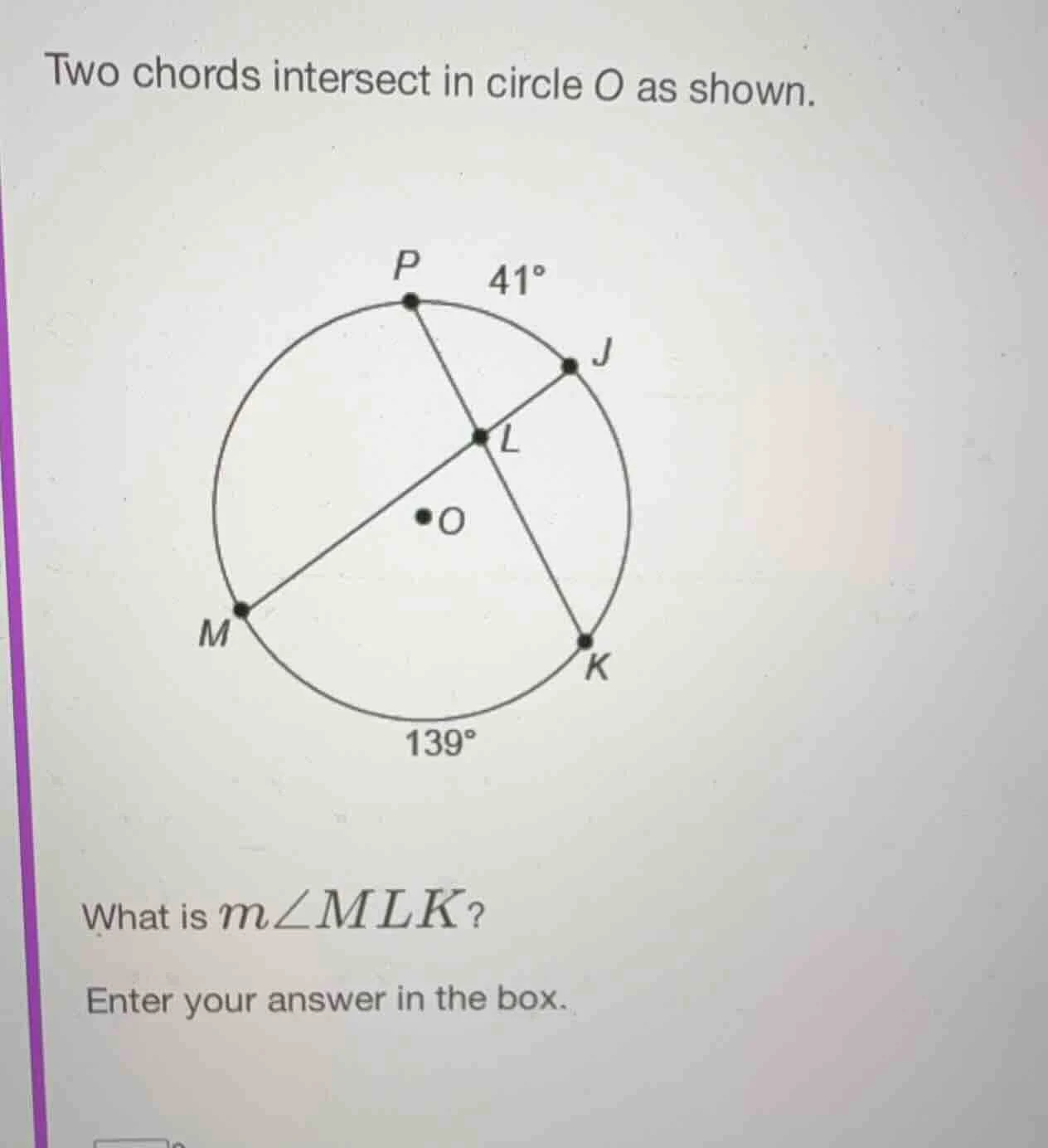 two chords intersect in circle o as shown. what is $m\\angle mlk$? ente…
