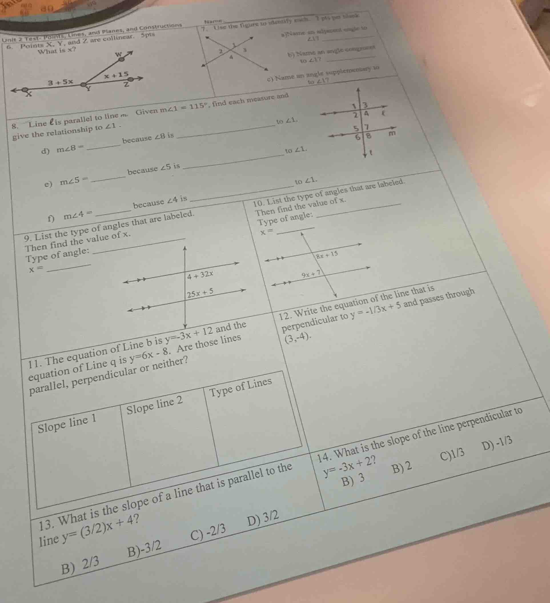 unit 2 test- points, lines, and planes, and constructions name: 6. poin…