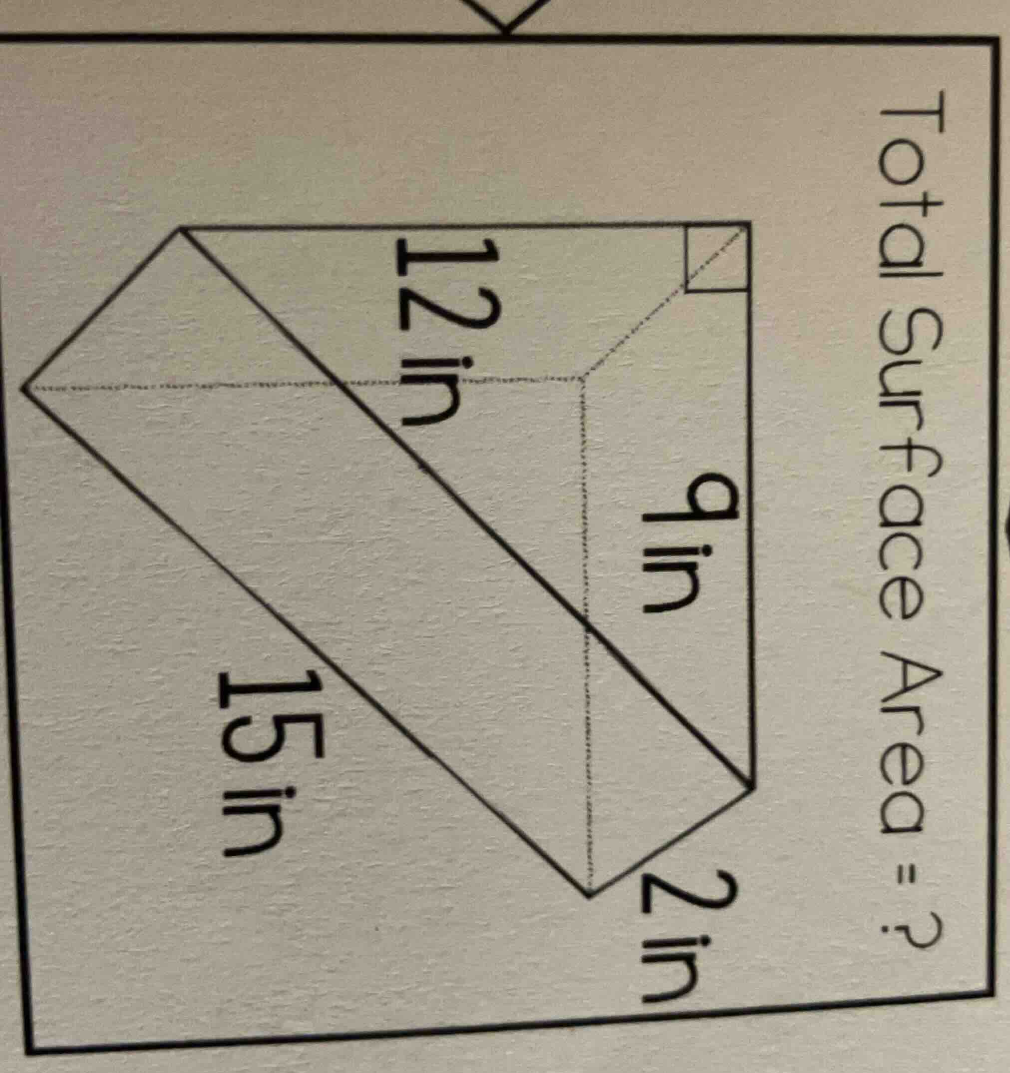 total surface area = ? 12 in 9 in 15 in 2 in