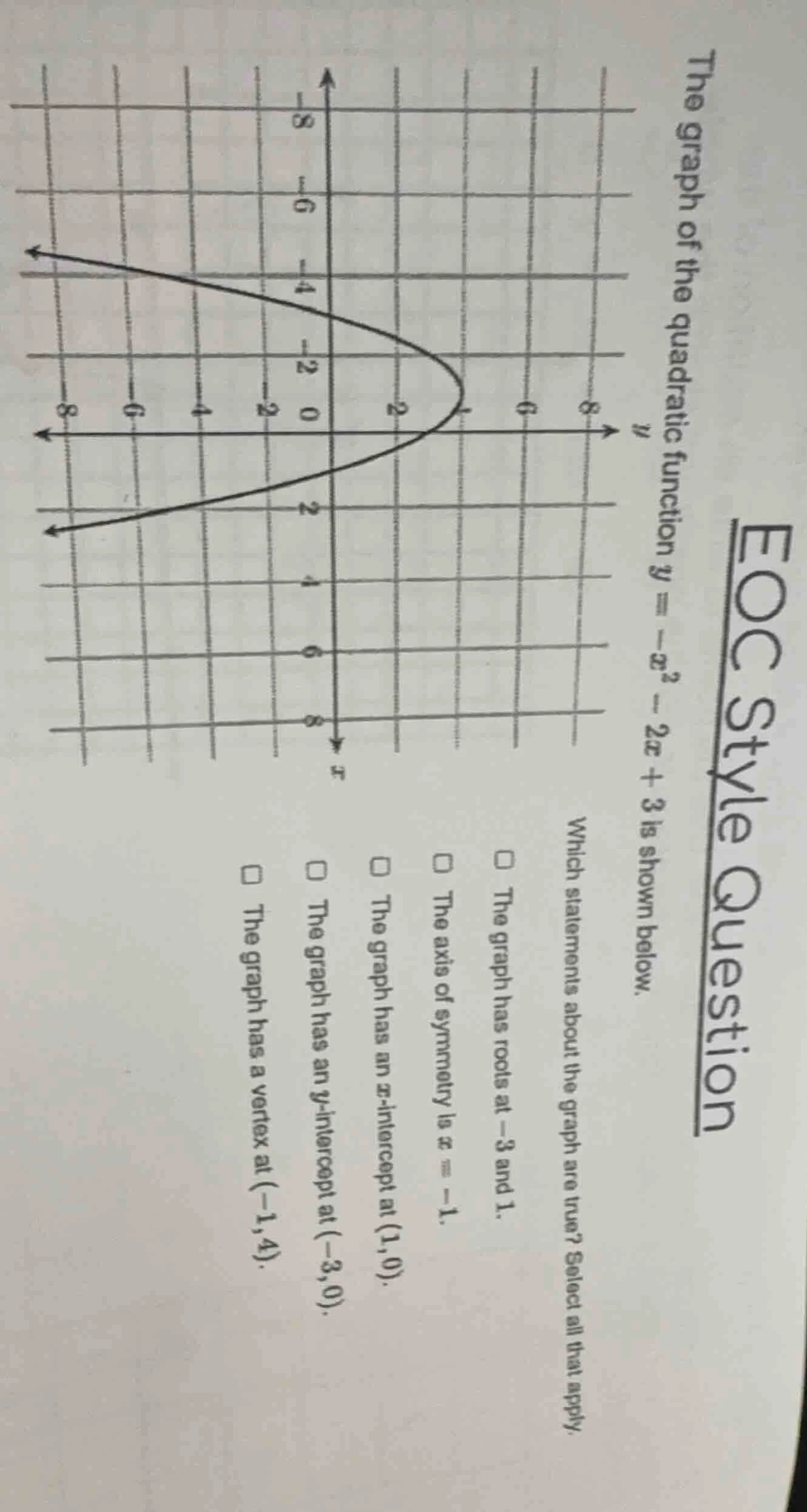 eoc style question the graph of the quadratic function $y = -x^2 - 2x +…