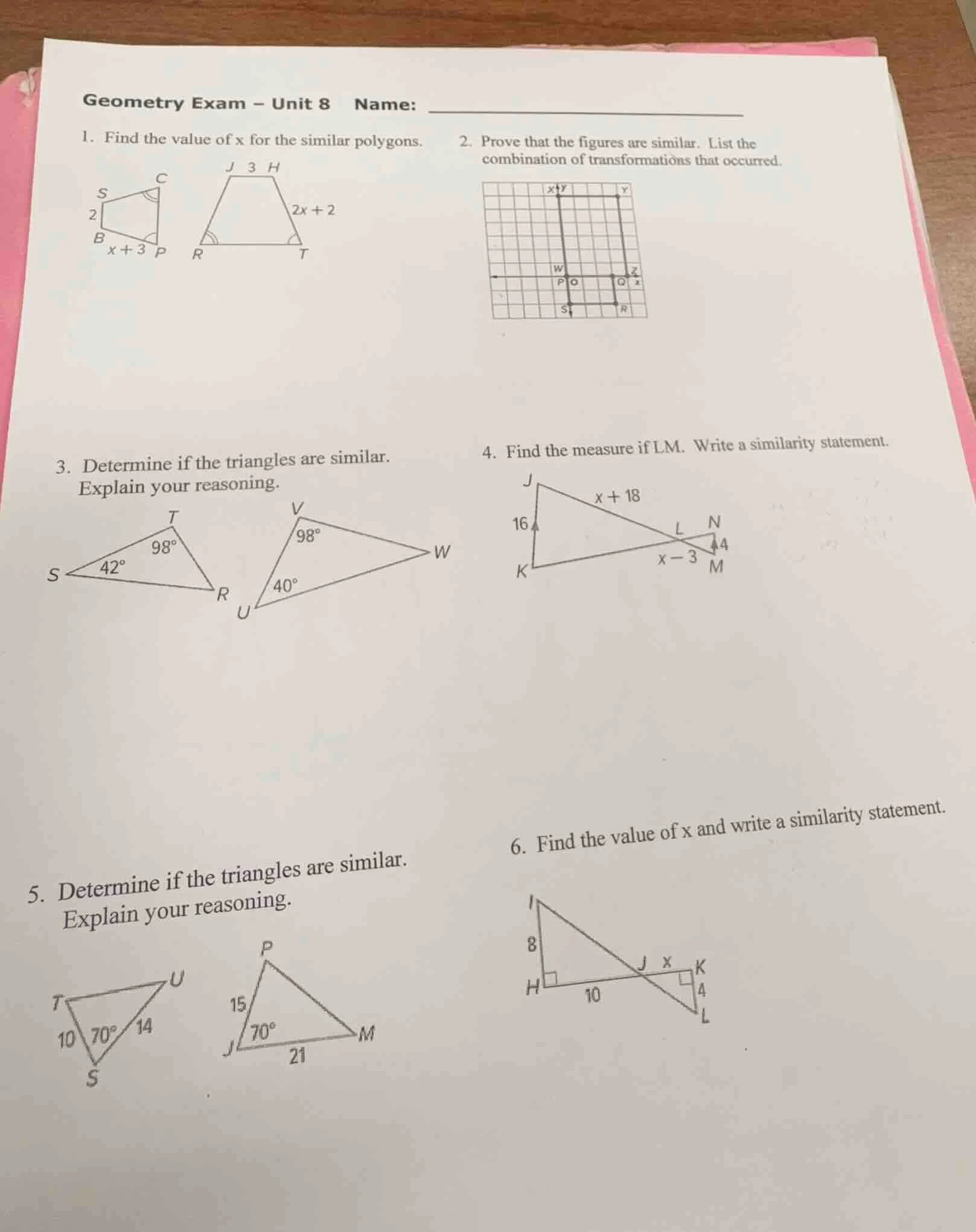 geometry exam - unit 8 name: 1. find the value of x for the similar pol…
