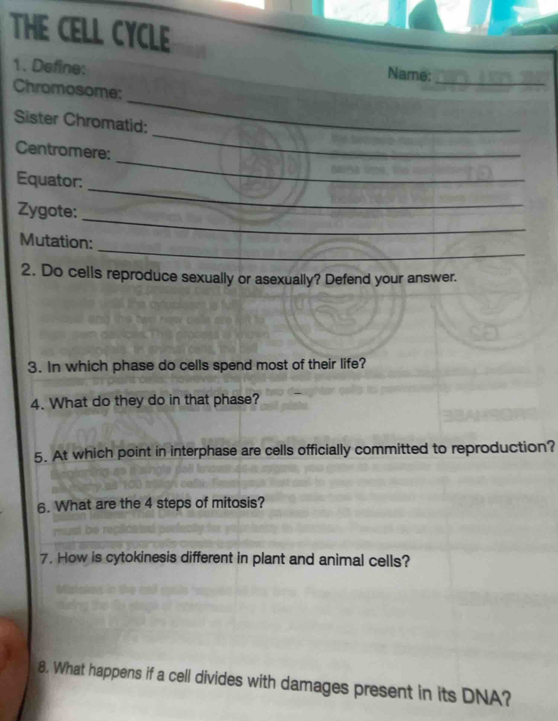 the cell cycle name: 1. define: chromosome: sister chromatid: centromer…