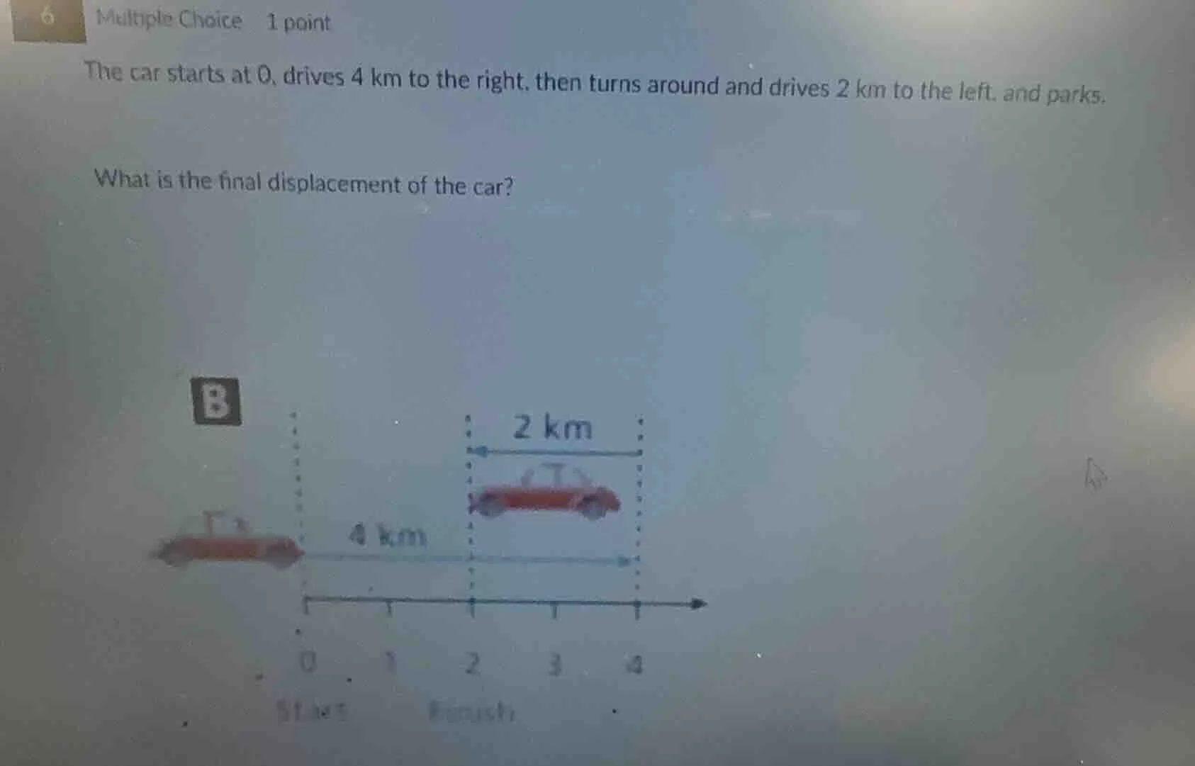 6 multiple choice 1 point the car starts at 0, drives 4 km to the right…