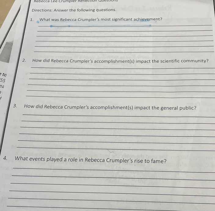 rebecca lee crumpler reflection questions directions: answer the follow…