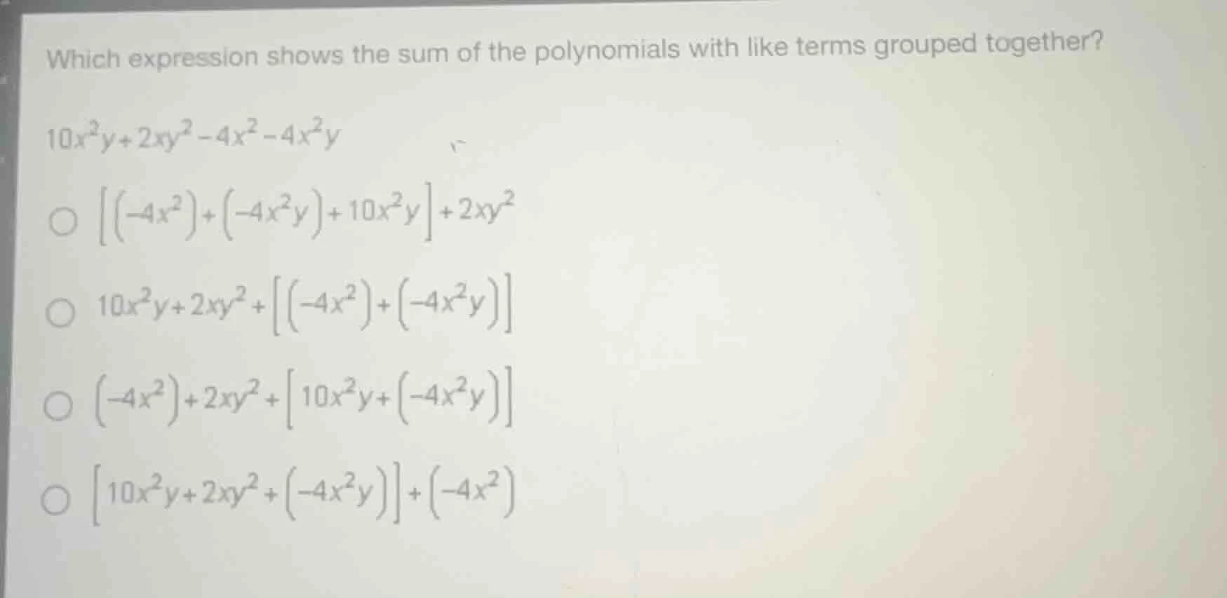 which expression shows the sum of the polynomials with like terms group…